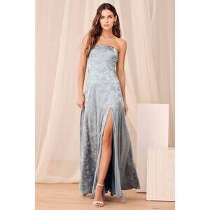 Lulus Made To Marvel Dusty Blue Satin Jacquard Strapless Maxi Dress - Size XL
